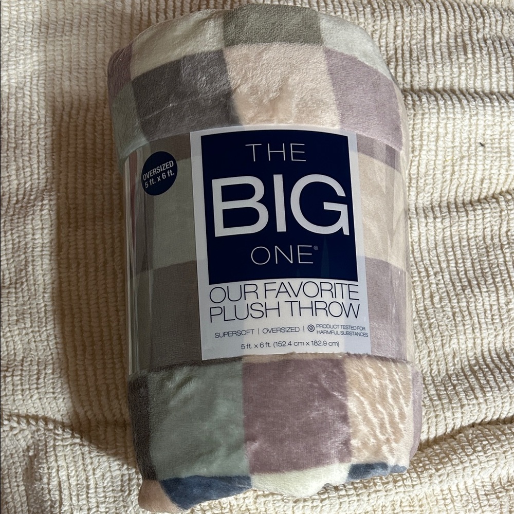 The Big One Plaid Plush Throw - Cream, Gray, Blue